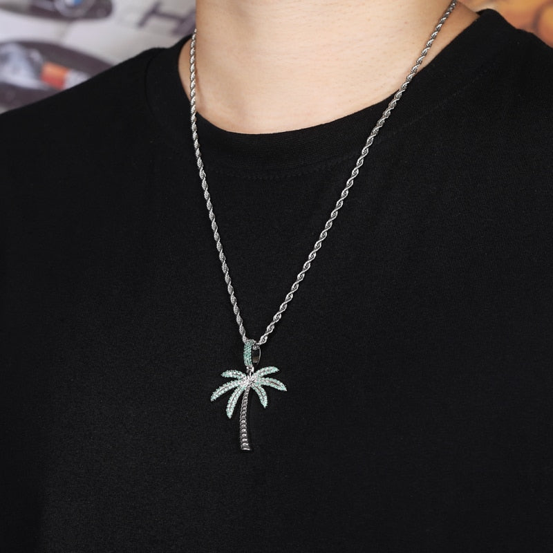 Coconut Tree Iced Out Pendant with Chain