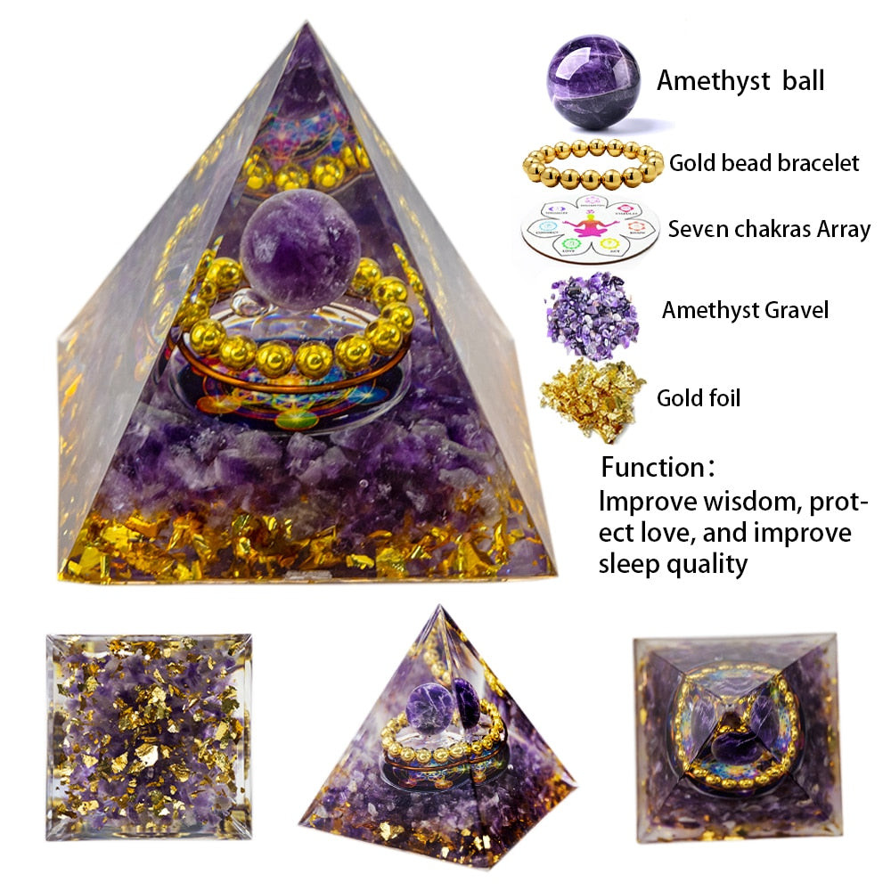 Energy Pyramid Orgonite Natural Amethyst Ball Healing Crystals Chakra