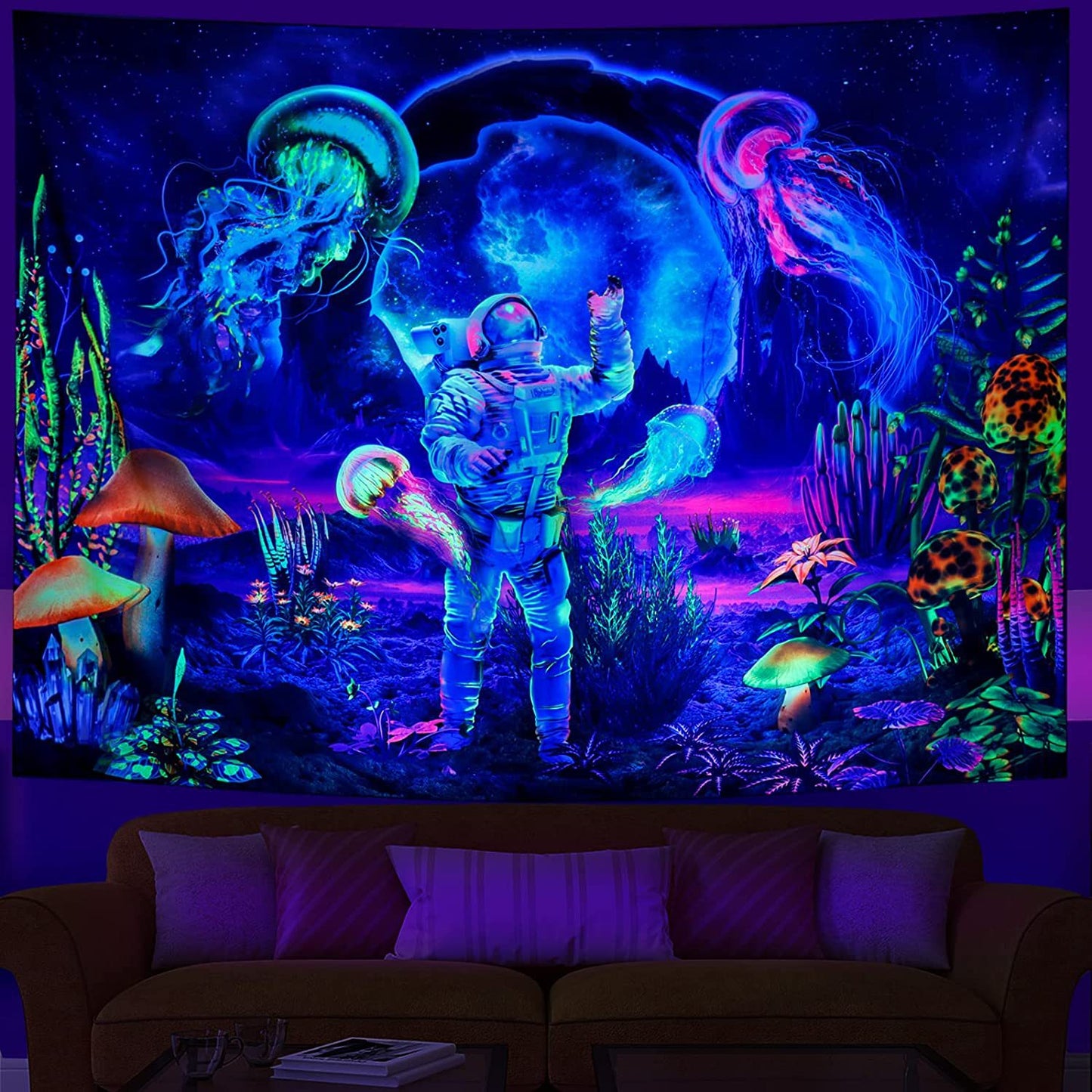 UV Fluorescent Tapestry Wall Hanging = Astronaut, skulls, mushrooms, gaming