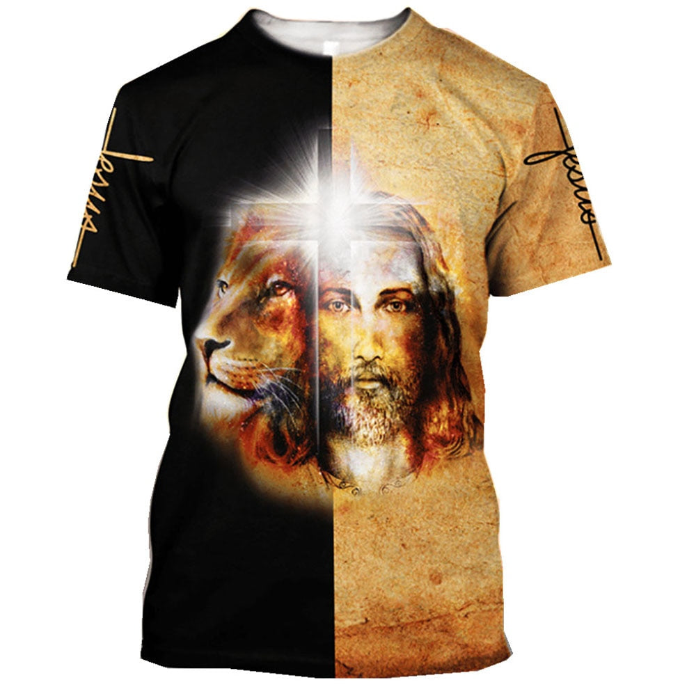 Lion Jesus Christ Two Tone Spirit Cross Bible Tee T Shirt