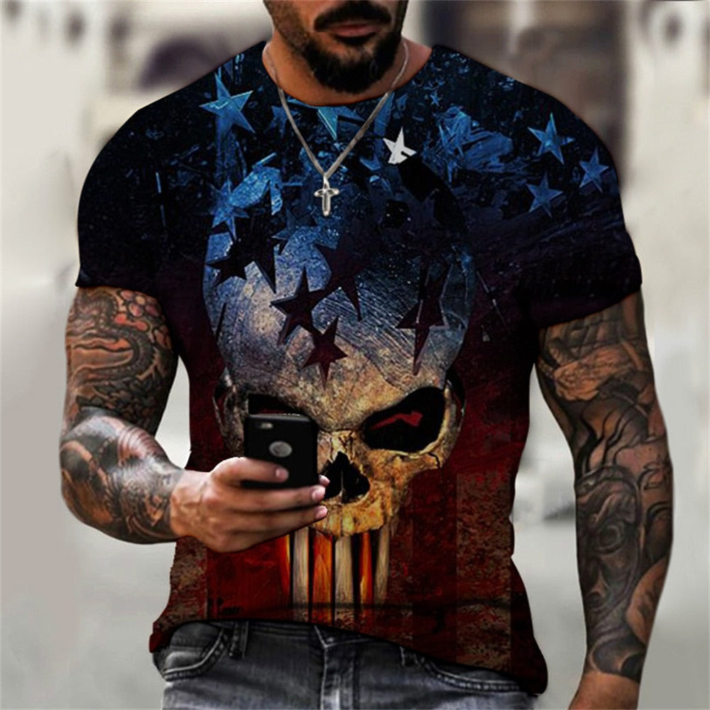 Stars and Stripes Red White Blue USA Skull Tee T Shirt