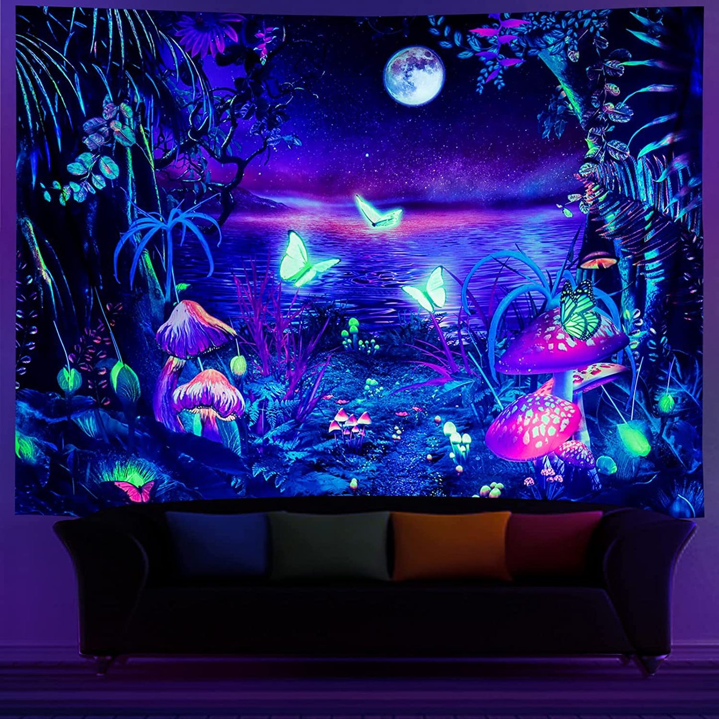 UV Fluorescent Tapestry Wall Hanging = Astronaut, skulls, mushrooms, gaming