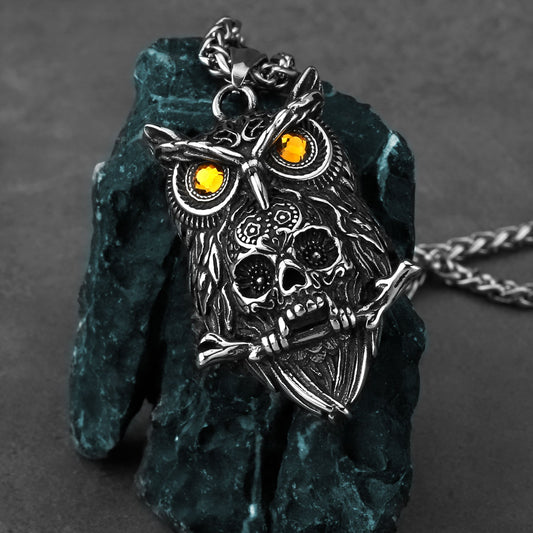 Gothic Wise Owl Skull Viking Pendant Necklace