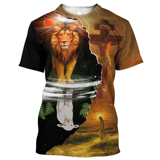 Lion Lamb Jesus Christ Cross Religious Bible Tee T Shirt