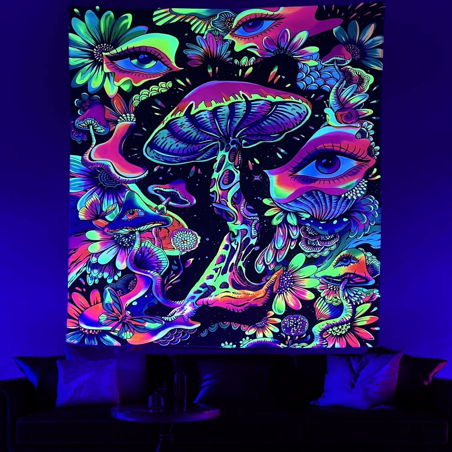 UV Fluorescent Tapestry Wall Hanging = Astronaut, skulls, mushrooms, gaming