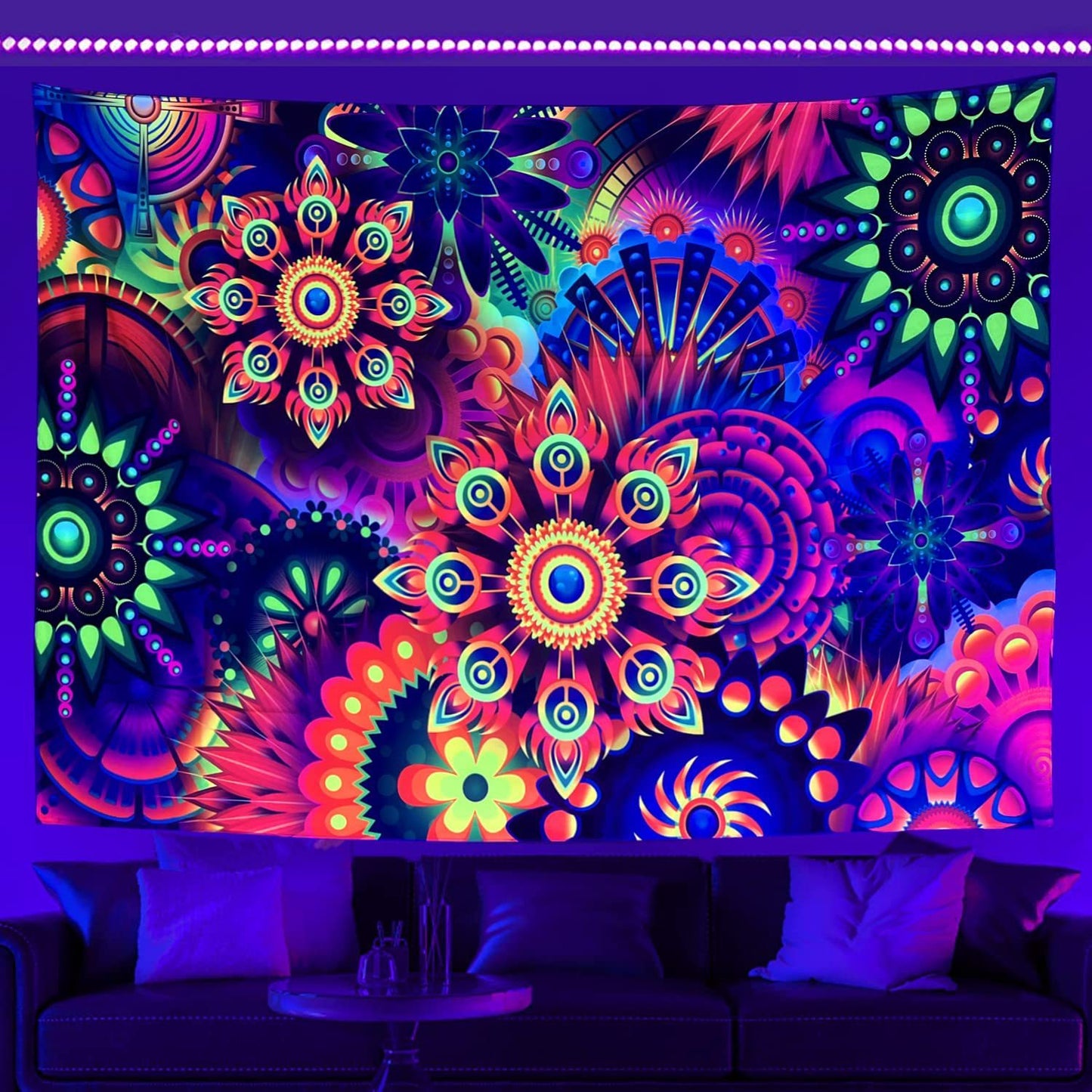 UV Fluorescent Tapestry Wall Hanging = Astronaut, skulls, mushrooms, gaming