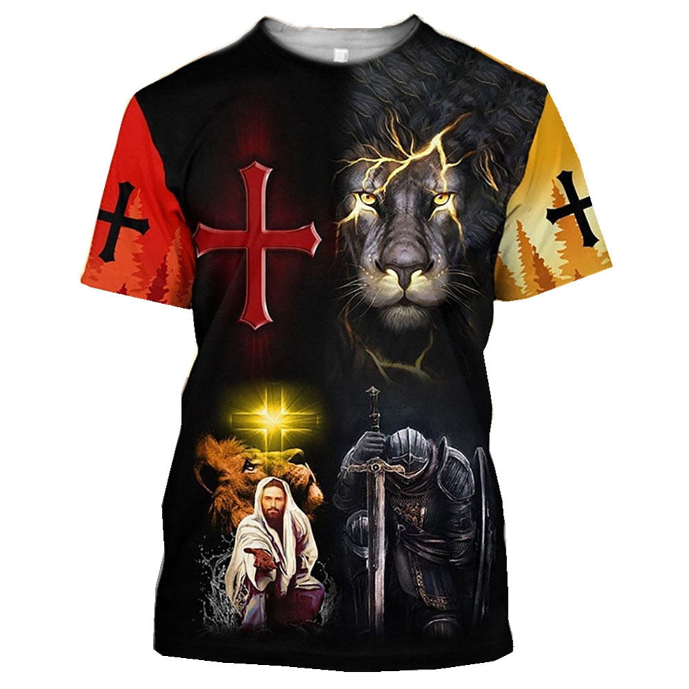 Knight Templar Lion Jesus Cross Religion Bible Tee T Shirt