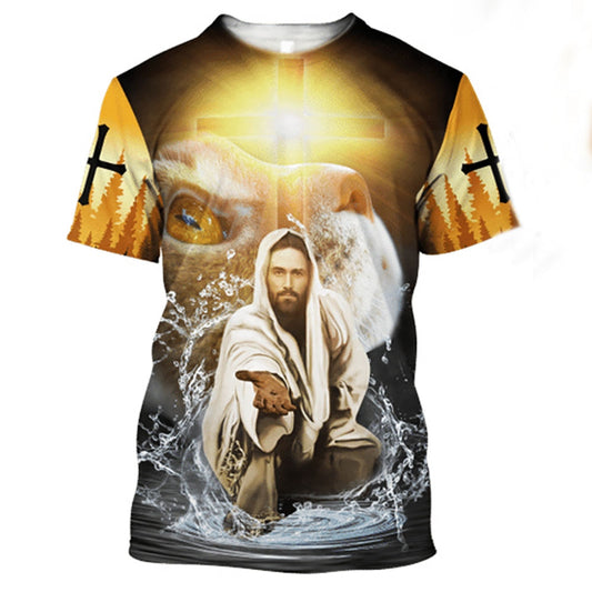 Lord Jesus Christ Cross Cat Religion Water Tee T Shirt