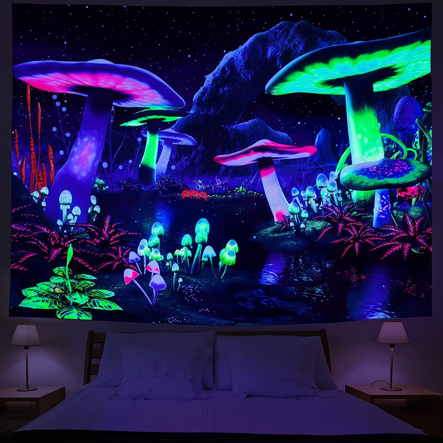 UV Fluorescent Tapestry Wall Hanging = Astronaut, skulls, mushrooms, gaming