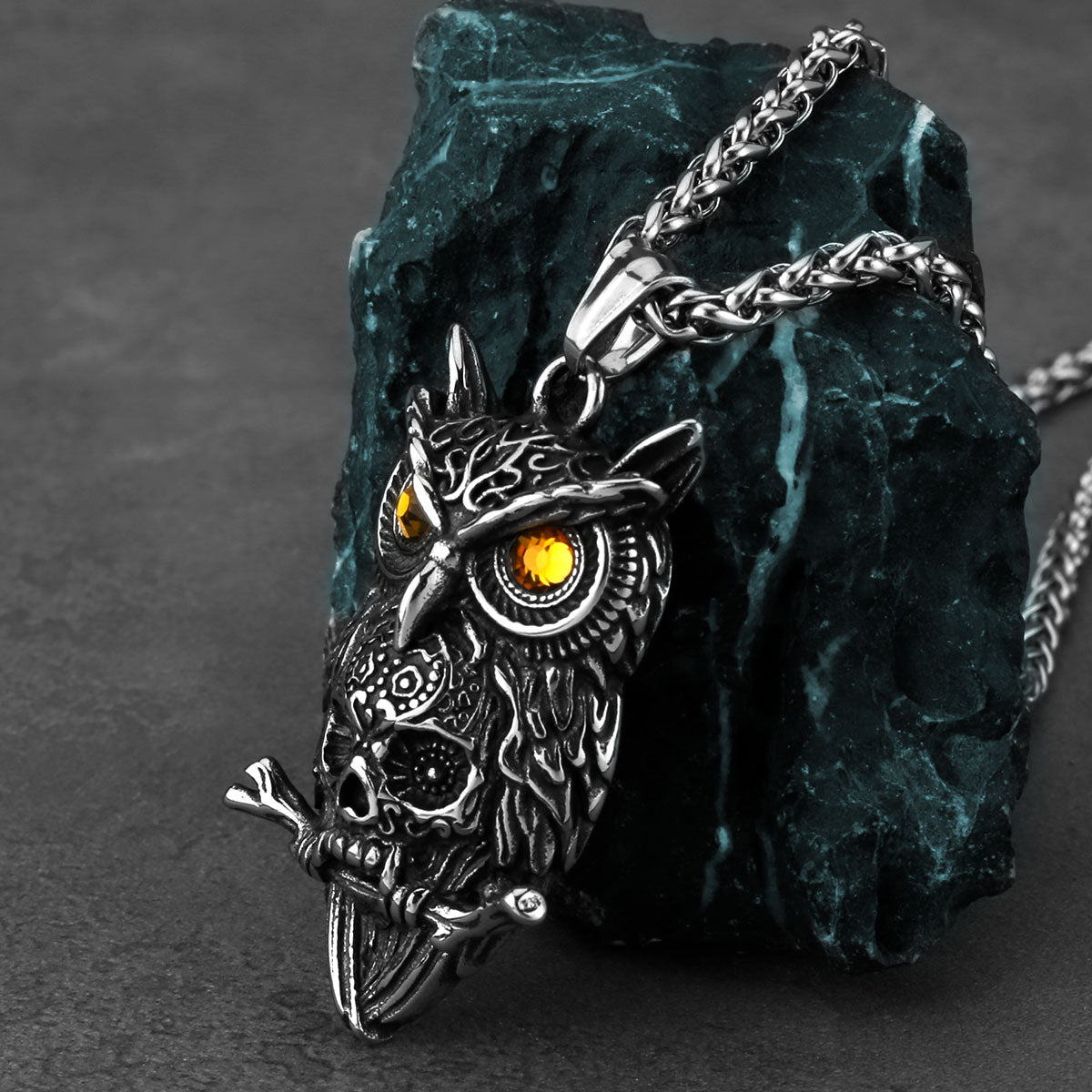 Gothic Wise Owl Skull Viking Pendant Necklace