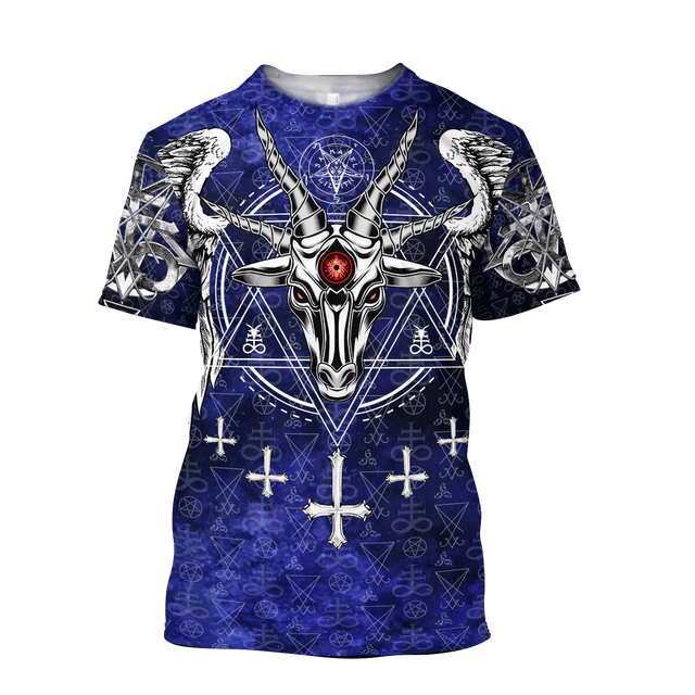 Blue Satan Devil T Shirts Full Print Short Sleeve Shirts Goth Pagan