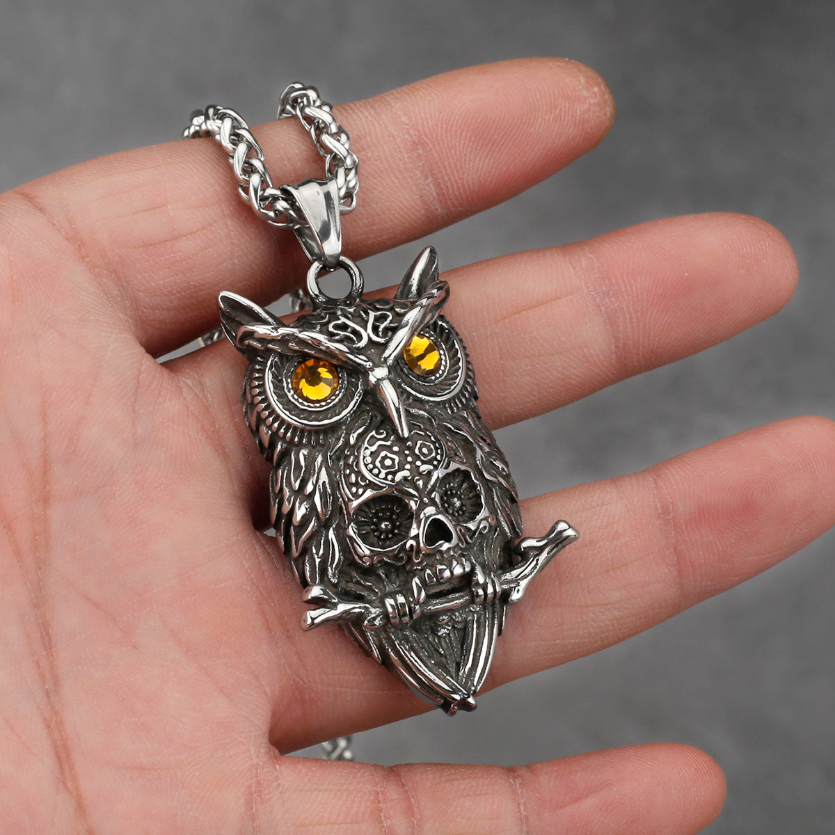 Gothic Wise Owl Skull Viking Pendant Necklace