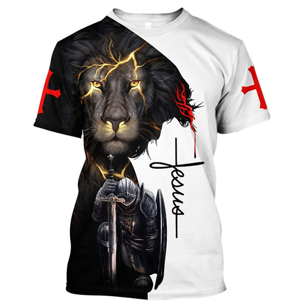 Lord Jesus Lion Lightning Saint Two Tone Cross Tee T Shirt