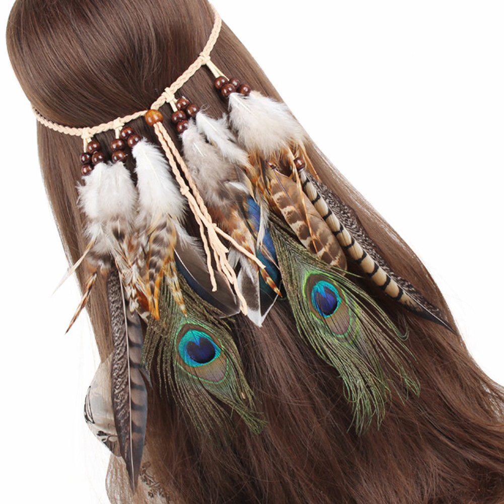 Adjustable Indian Head Dress Peacock Feather Hair Band