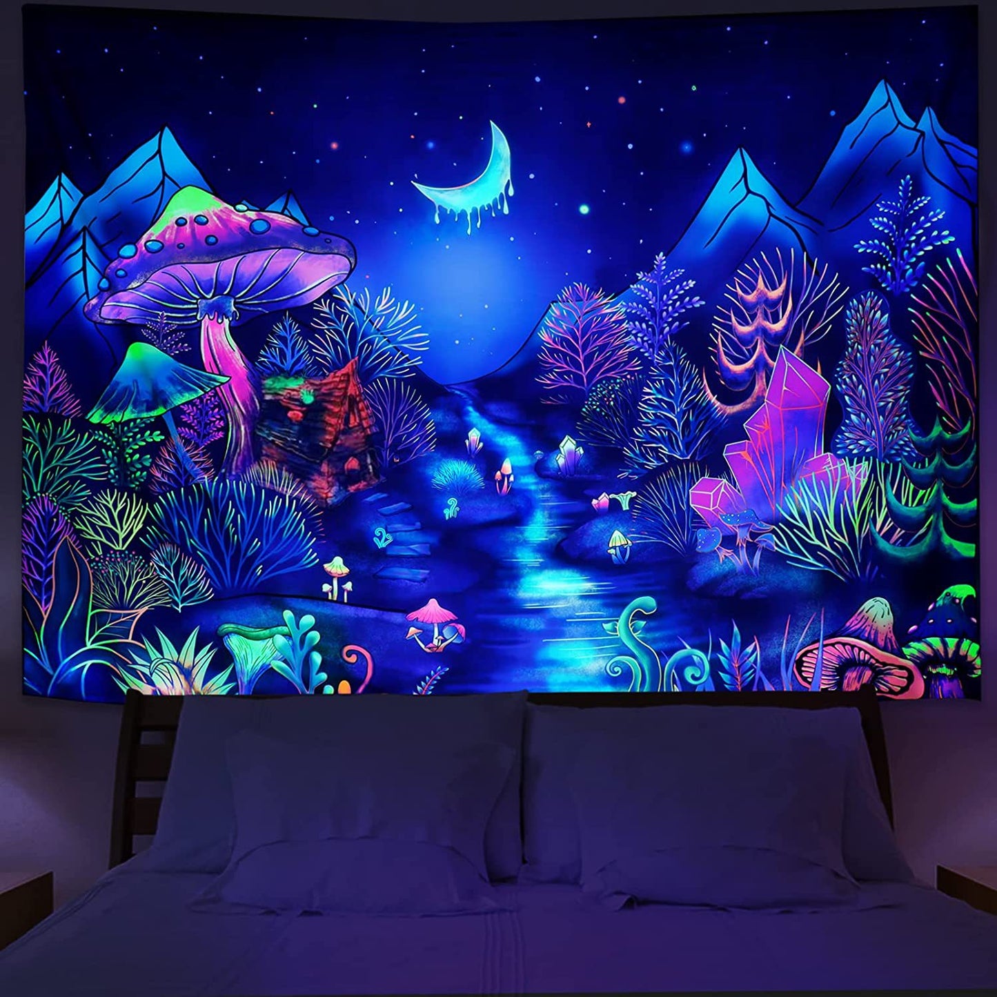 UV Fluorescent Tapestry Wall Hanging = Astronaut, skulls, mushrooms, gaming