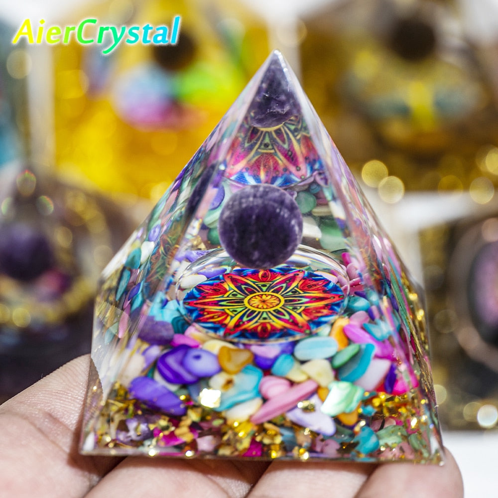 Energy Pyramid Orgonite Natural Amethyst Ball Healing Crystals Chakra