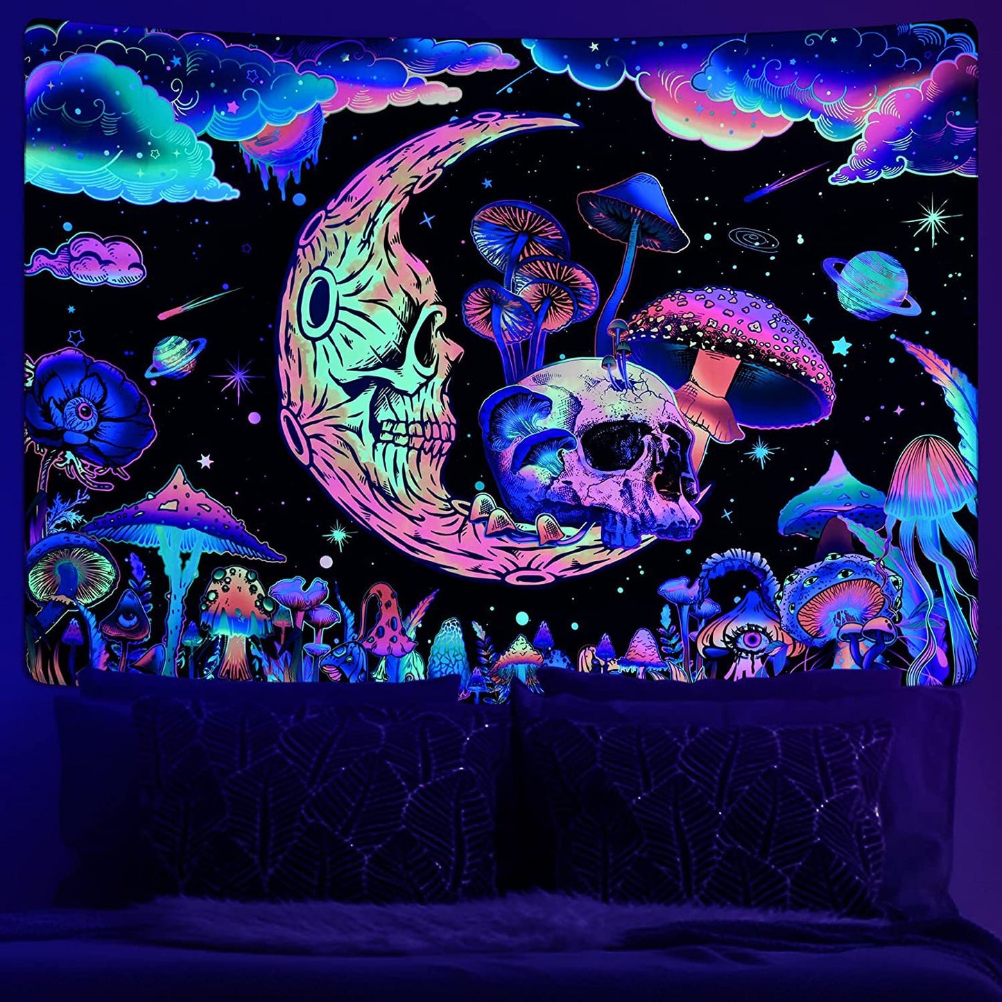 UV Fluorescent Tapestry Wall Hanging = Astronaut, skulls, mushrooms, gaming