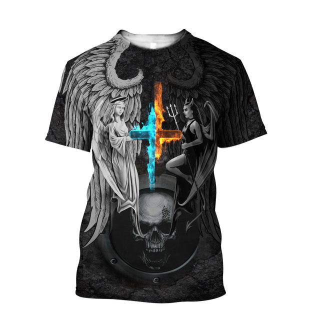 Good Vs Evil Cross Angel Demon Skull Tee T Shirt